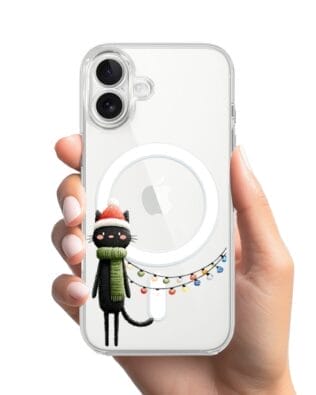 Etui do iPhone 17 z MagSafe przeźroczyste, silikonowe Flexi, Przytulne święta, Kot przebrany za elfa
