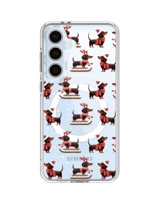 Etui do Samsung Galaxy S24 FE z MagSafe przeźroczyste, silikonowe Flexi, Przytulne święta, Jamniki na saniach