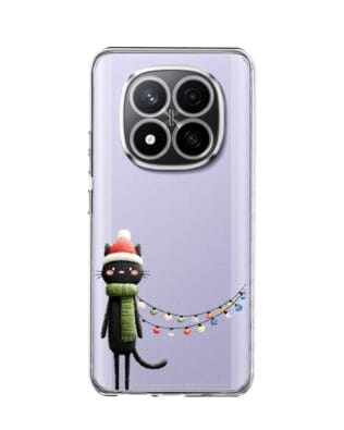 Etui do Xiaomi Redmi Note 14 Pro 4G przeźroczyste, silikonowe Flexi, Przytulne święta, Kot przebrany za elfa