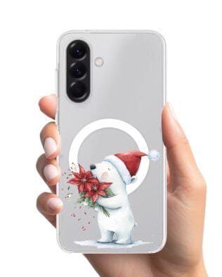 Etui do Samsung Galaxy A56 5G z MagSafe przeźroczyste, silikonowe Flexi, Przytulne święta, Miś świąteczny