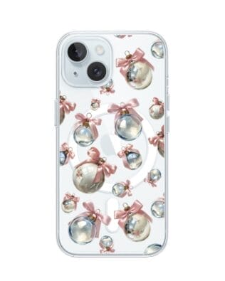 Etui do iPhone 15 z MagSafe przeźroczyste, silikonowe Flexi, Przytulne święta, Pastelowe bombki