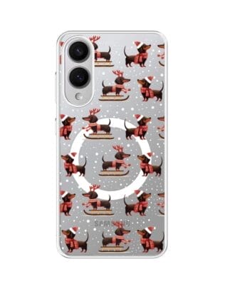 Etui do Samsung Galaxy S25 Edge z MagSafe przeźroczyste, silikonowe Flexi, Przytulne święta, Jamniki na saniach