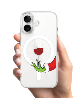 Etui do iPhone 16 z MagSafe przeźroczyste, silikonowe Flexi, Zielony psotnik z lampką wina