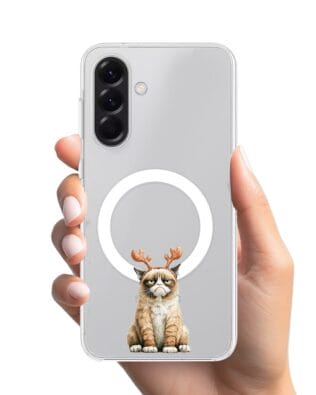 Etui do Samsung Galaxy A56 5G z MagSafe przeźroczyste, silikonowe Flexi, Przytulne święta, Kot który nie chciał być reniferem