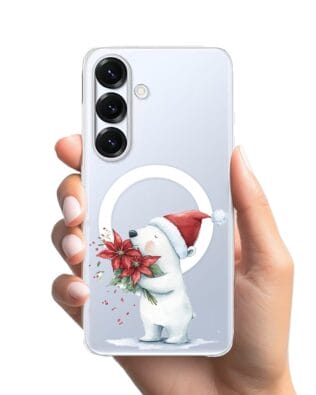 Etui do Samsung Galaxy S25 Plus z MagSafe przeźroczyste, silikonowe Flexi, Przytulne święta, Miś świąteczny