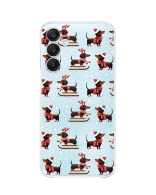 Etui do Samsung Galaxy M35 5G przeźroczyste, silikonowe Flexi, Przytulne święta, Jamniki na saniach