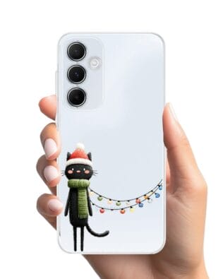 Etui do Samsung Galaxy A55 5G przeźroczyste, silikonowe Flexi, Przytulne święta, Kot przebrany za elfa