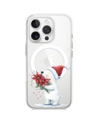 Etui do iPhone 13 Pro z MagSafe przeźroczyste, silikonowe Flexi, Przytulne święta, Miś świąteczny
