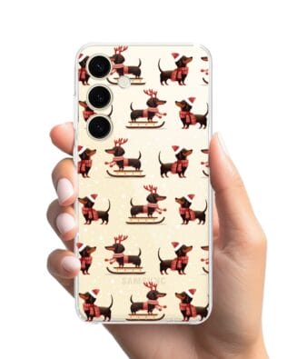 Etui do Samsung Galaxy S24 Plus przeźroczyste, silikonowe Flexi, Przytulne święta, Jamniki na saniach