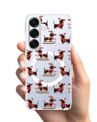Etui do Samsung Galaxy S25 Plus z MagSafe przeźroczyste, silikonowe Flexi, Przytulne święta, Jamniki na saniach