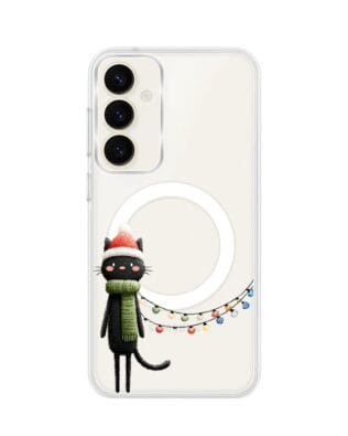Etui do Samsung Galaxy S23 FE 5G z MagSafe przeźroczyste, silikonowe Flexi, Przytulne święta, Kot przebrany za elfa