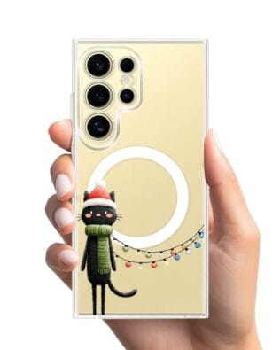 Etui do Samsung Galaxy S24 Ultra z MagSafe przeźroczyste, silikonowe Flexi, Przytulne święta, Kot przebrany za elfa