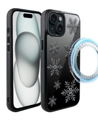 Etui do iPhone 15 Plus IBIZU DropGuard Matt z MagSafe, Zimowa magia, Płatki śniegu na czarnym lustrze