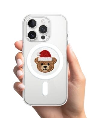 Etui do iPhone 16 Pro Max z MagSafe przeźroczyste, silikonowe Flexi, Przytulne święta, Miś mikołajek