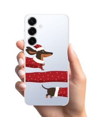 Etui do Samsung Galaxy S25 przeźroczyste, silikonowe Flexi, Przytulne święta, świąteczny jamnik