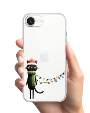 Etui do iPhone 16e przeźroczyste, silikonowe Flexi, Przytulne święta, Kot przebrany za elfa