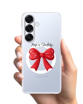 Etui do Samsung Galaxy S25 z MagSafe przeźroczyste, silikonowe Flexi, Przytulne święta, Czerwona kokarda