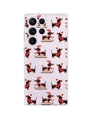 Etui do Samsung Galaxy S23 Ultra przeźroczyste, silikonowe Flexi, Przytulne święta, Jamniki na saniach