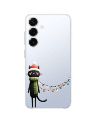Etui do Samsung Galaxy S25 przeźroczyste, silikonowe Flexi, Przytulne święta, Kot przebrany za elfa