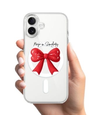 Etui do iPhone 17 z MagSafe przeźroczyste, silikonowe Flexi, Przytulne święta, Czerwona kokarda