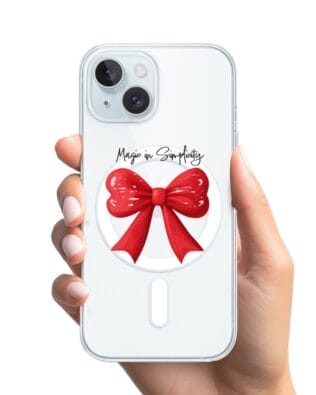 Etui do iPhone 15 Plus z MagSafe przeźroczyste, silikonowe Flexi, Przytulne święta, Czerwona kokarda