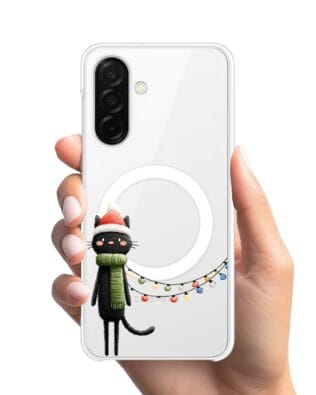 Etui do Samsung Galaxy A26 5G z MagSafe przeźroczyste, silikonowe Flexi, Przytulne święta, Kot przebrany za elfa