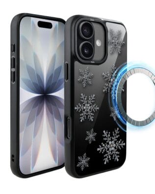 Etui do iPhone 17 IBIZU DropGuard Matt z MagSafe, Zimowa magia, Płatki śniegu na czarnym lustrze