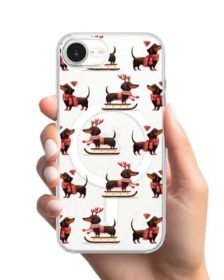 Etui do iPhone 16e z MagSafe przeźroczyste, silikonowe Flexi, Przytulne święta, Jamniki na saniach