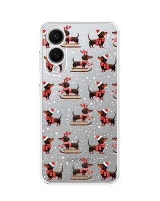 Etui do Samsung Galaxy S25 Edge przeźroczyste, silikonowe Flexi, Przytulne święta, Jamniki na saniach