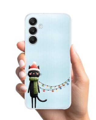 Etui do Samsung Galaxy M35 5G przeźroczyste, silikonowe Flexi, Przytulne święta, Kot przebrany za elfa