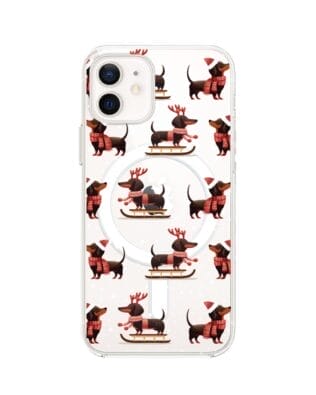 Etui do iPhone 12 z MagSafe przeźroczyste, silikonowe Flexi, Przytulne święta, Jamniki na saniach