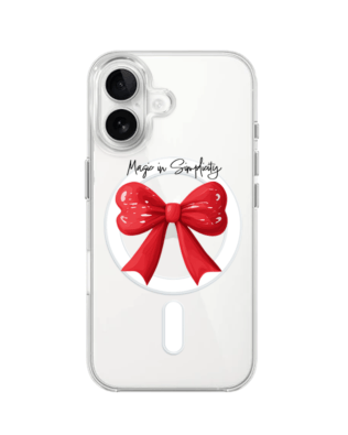 Etui do iPhone 16 z MagSafe przeźroczyste, silikonowe Flexi, Przytulne święta, Czerwona kokarda