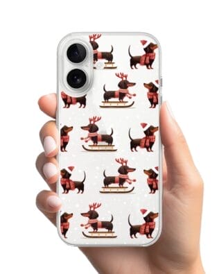 Etui do iPhone 16 Plus przeźroczyste, silikonowe Flexi, Przytulne święta, Jamniki na saniach