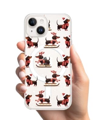 Etui do iPhone 13 Mini z MagSafe przeźroczyste, silikonowe Flexi, Przytulne święta, Jamniki na saniach