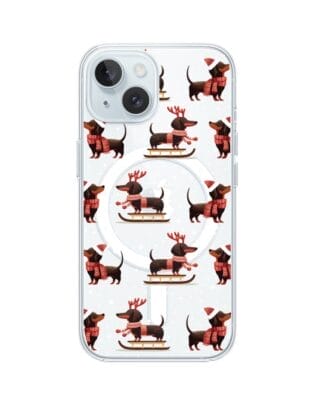 Etui do iPhone 15 z MagSafe przeźroczyste, silikonowe Flexi, Przytulne święta, Jamniki na saniach