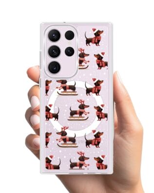 Etui do Samsung Galaxy S23 Ultra z MagSafe przeźroczyste, silikonowe Flexi, Przytulne święta, Jamniki na saniach