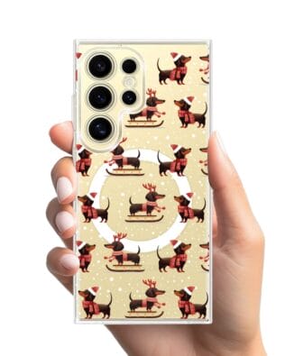 Etui do Samsung Galaxy S24 Ultra z MagSafe przeźroczyste, silikonowe Flexi, Przytulne święta, Jamniki na saniach