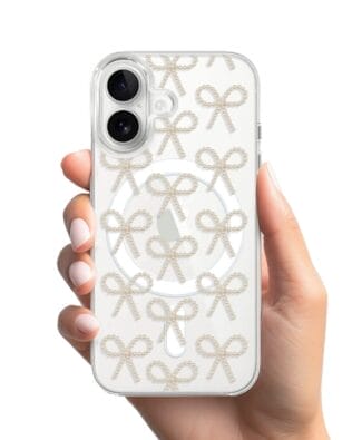 Etui do iPhone 16 Plus z MagSafe przeźroczyste, silikonowe Flexi, Przytulne święta, złote kokardki