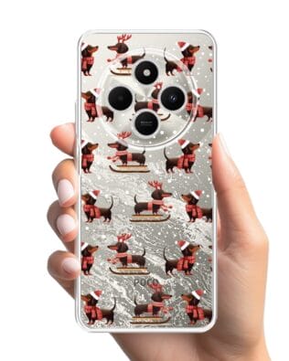 Etui do Xiaomi POCO C75 przeźroczyste, silikonowe Flexi, Przytulne święta, Jamniki na saniach