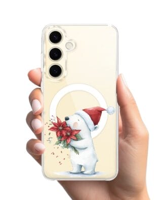 Etui do Samsung Galaxy S24 z MagSafe przeźroczyste, silikonowe Flexi, Przytulne święta, Miś świąteczny