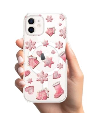 Etui do iPhone 12 z MagSafe przeźroczyste, silikonowe Flexi, Przytulne święta, Różowe pierniczki