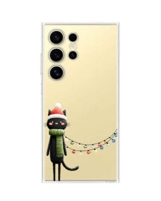 Etui do Samsung Galaxy S24 Ultra przeźroczyste, silikonowe Flexi, Przytulne święta, Kot przebrany za elfa