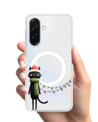 Etui do Samsung Galaxy A36 5G z MagSafe przeźroczyste, silikonowe Flexi, Przytulne święta, Kot przebrany za elfa