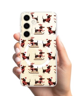 Etui do Samsung Galaxy S24 Plus z MagSafe przeźroczyste, silikonowe Flexi, Przytulne święta, Jamniki na saniach