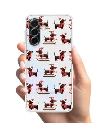 Etui do Samsung Galaxy A36 5G przeźroczyste, silikonowe Flexi, Przytulne święta, Jamniki na saniach