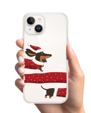 Etui do iPhone 13 Mini przeźroczyste, silikonowe Flexi, Przytulne święta, świąteczny jamnik