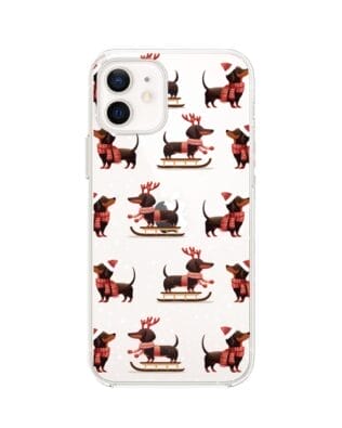 Etui do iPhone 12 Mini przeźroczyste, silikonowe Flexi, Przytulne święta, Jamniki na saniach