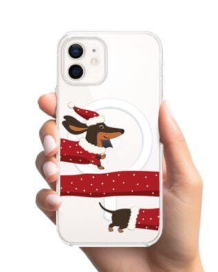 Etui do iPhone 12 z MagSafe przeźroczyste, silikonowe Flexi, Przytulne święta, świąteczny jamnik