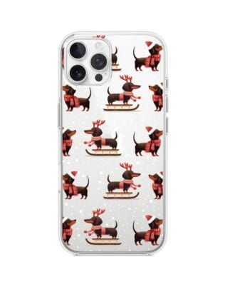 Etui do iPhone 12 Pro przeźroczyste, silikonowe Flexi, Przytulne święta, Jamniki na saniach