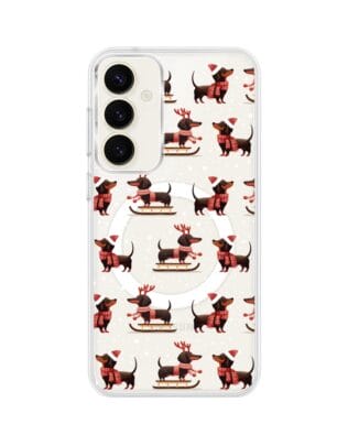 Etui do Samsung Galaxy S23 Plus z MagSafe przeźroczyste, silikonowe Flexi, Przytulne święta, Jamniki na saniach